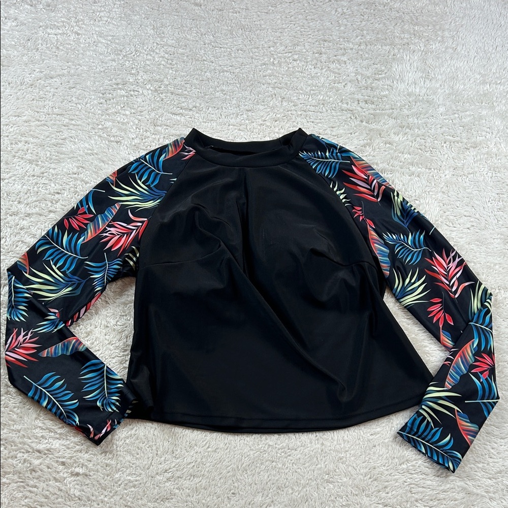 Black and floral long sleeved swim‎ shirt, size L